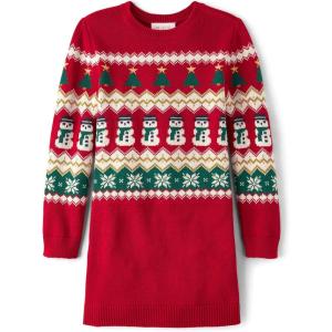 The Children’s Place Girls Puff Sleeve Dress, Long Sleeve(Red Fairisle)
