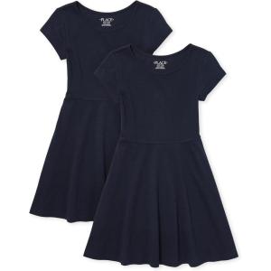 The Children’s Place Girls’ Short Sleeve Basic Skater Dress 2 Pack(Tidal 2-pack)