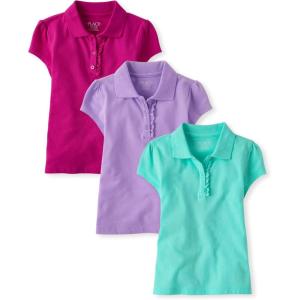 The Children’s Place Girls’ Short Sleeve Ruffle Pique Polo, 3 Pack(Seafrost/Aurora Pink/Purple)