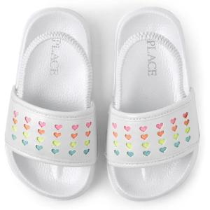 The Children’s Place Girl’s and Toddler Everyday Slide Sandals with Backstrap(White Multicolor Hearts)
