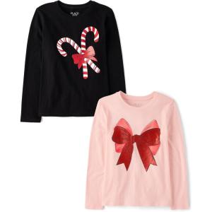 The Children’s Place Unisex-Child All Holidays,Birthdays Long Sleeve Graphic T-Shirts,2 Pack(Bow/Candy Canes)