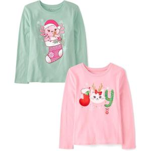 The Children’s Place Unisex-Child All Holidays,Birthdays Long Sleeve Graphic T-Shirts,2 Pack(Cat Hat/Joy)