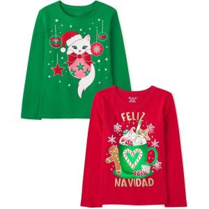 The Children’s Place Unisex-Child All Holidays,Birthdays Long Sleeve Graphic T-Shirts,2 Pack(Cat Ornaments/Feliz Navidad)
