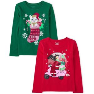 The Children’s Place Unisex-Child All Holidays,Birthdays Long Sleeve Graphic T-Shirts,2 Pack(Cat Stocking/Girl Presents)
