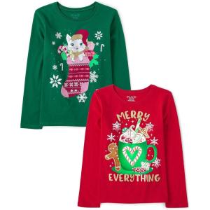 The Children’s Place Unisex-Child All Holidays,Birthdays Long Sleeve Graphic T-Shirts,2 Pack(Merry Everything/Cat Stocking)