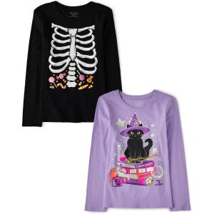 The Children’s Place Unisex-Child All Holidays,Birthdays Long Sleeve Graphic T-Shirts,2 Pack(Skeleton Candy/Witch Cat)