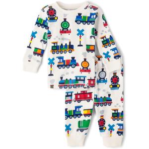 The Children’s Place baby boys Button Long Sleeve Top and Pants Snug Fit 100% Cotton 2 Piece Pajama Set(Trains)