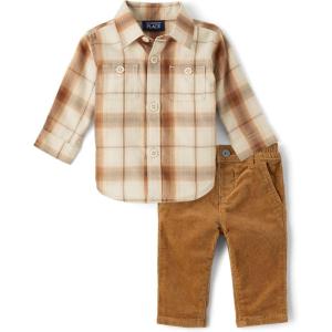 The Children’s Place baby-boys And Newborn Button Down Shirt and Pants, 2 Piece Outfit(Iced Coffee Flannel)
