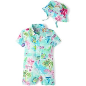 The Children’s Place baby-boys And Newborn Woven Plaid Romper and Hat 2-piece Set(Cosmos Floral)