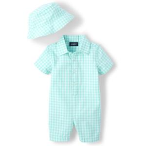 The Children’s Place baby-boys And Newborn Woven Plaid Romper and Hat 2-piece Set(Mellow Aqua)