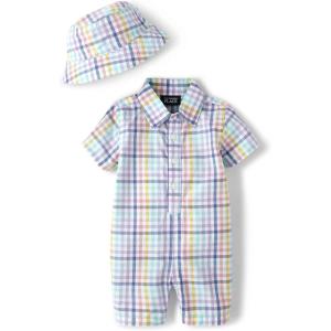 The Children’s Place baby-boys And Newborn Woven Plaid Romper and Hat 2-piece Set(Multi Check Plaid)