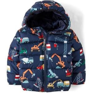 The Children’s Place baby-boys And Toddler Boys’ Medium Weight Wind-resistant, Water-resistant Puffer Jacket(Navy Construction Trucks)