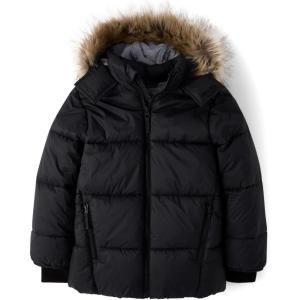 The Children’s Place boys Water and Wind Resistant Hooded Zip Front Parka Jacket(Black Faux Fur)