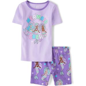 The Children’s Place girls 100% Cotton Short Sleeve Top and Shorts,2 Piece Pajama Set(Mermaid Crew)