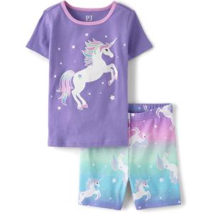 The Children’s Place girls 100% Cotton Short Sleeve Top and Shorts,2 Piece Pajama Set(Violet Dream Unicorn)