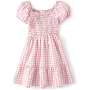 The Children’s Place girls Floral Smocked Babydoll Dress(Pink Gingham Puff Sleeve)
