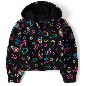 The Children’s Place girls Long Sleeve Hooded Fleece Full Zip Up(Rainbow Doodle)