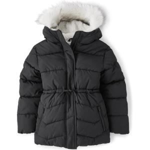 The Children’s Place girls Medium Weight Long Puffer Jacket, Wind-resistant, Water-resistant(Black/White Lined)