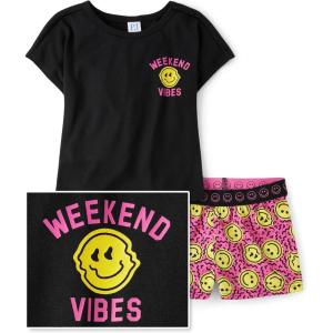 The Children’s Place girls Short Sleeve Top and Shorts,2 Piece Pajama Set(Happy Face Vibes)