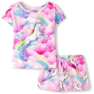 The Children’s Place girls Short Sleeve Top and Shorts,2 Piece Pajama Set(Unicorn Pink Neon)