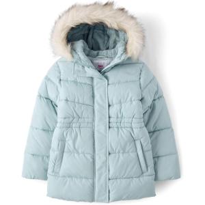 The Children’s Place girls Water and Wind Resistant Hooded Zip Front Mid Length Puffer Jacket, Faux Fur Lined(Frosty)