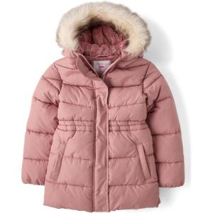 The Children’s Place girls Water and Wind Resistant Hooded Zip Front Mid Length Puffer Jacket, Faux Fur Lined(Precious Pink)