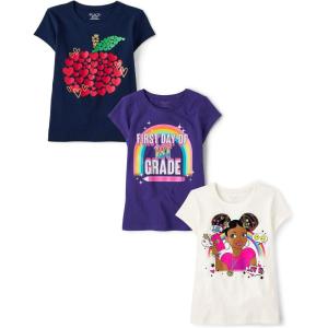 The Children’s Place,Girls,School,Learning Short Sleeve Graphic T-Shirts,3 Pack(Apple Hearts/1st Day 1st Grade/Girl)