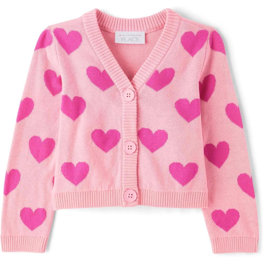 imageThe Childrens Place Baby Girls and Toddler Long Sleeve Knit Button Front CardiganPink Valentine Hearts