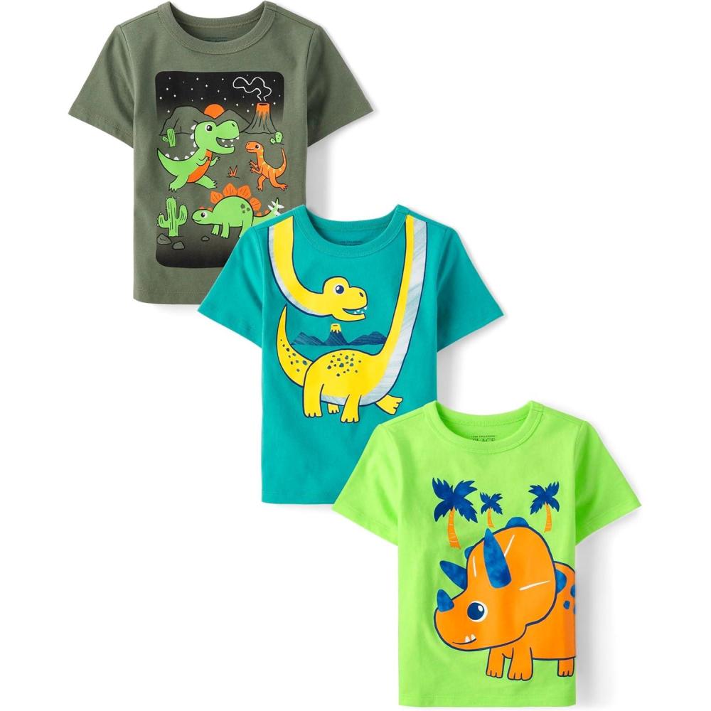 imageThe Childrens Place BabyBoys and Toddler DinoAnimalsSharks Short Sleeve Graphic TShirts3 PackNight DinosDinosTropical Dino