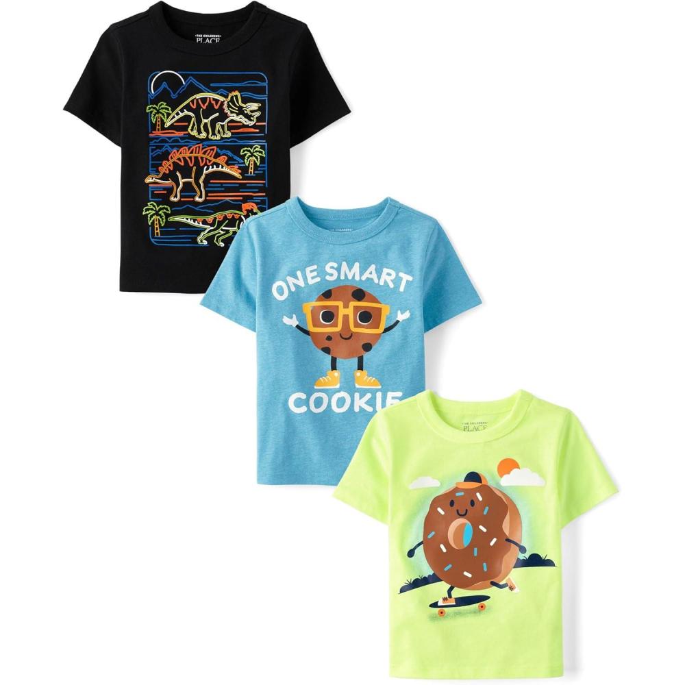 imageThe Childrens Place BabyBoys and Toddler DinoAnimalsSharks Short Sleeve Graphic TShirts3 PackSmart CookieDonutDinos