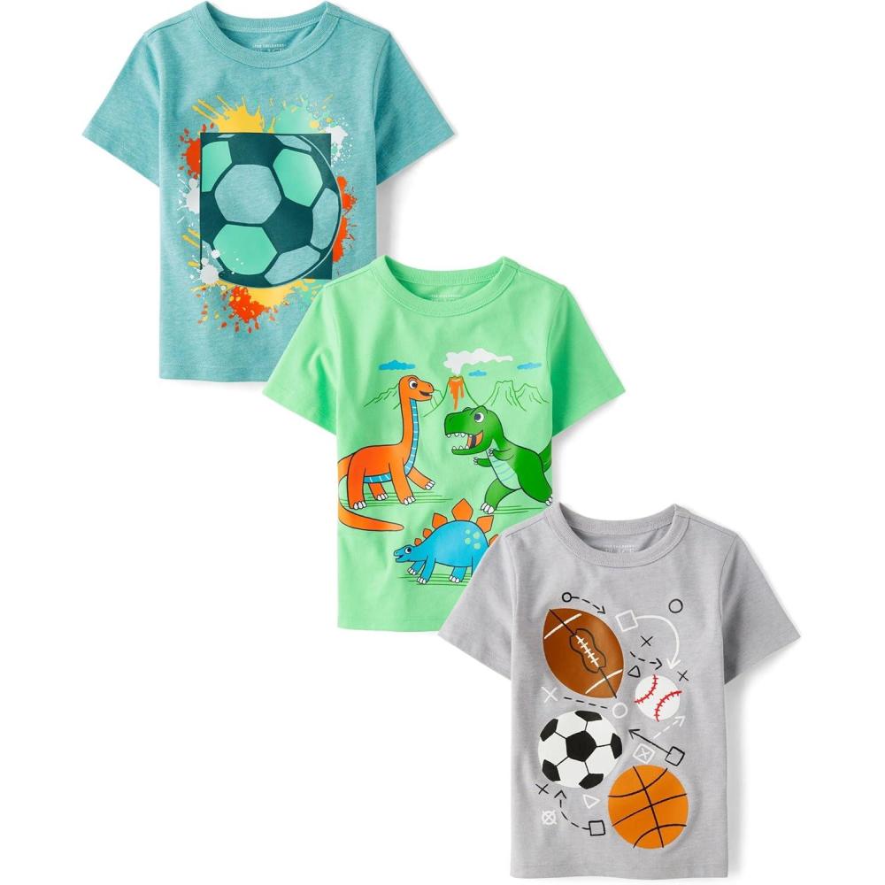 imageThe Childrens Place BabyBoys and Toddler DinoAnimalsSharks Short Sleeve Graphic TShirts3 PackSportsSoccerDino Volcano