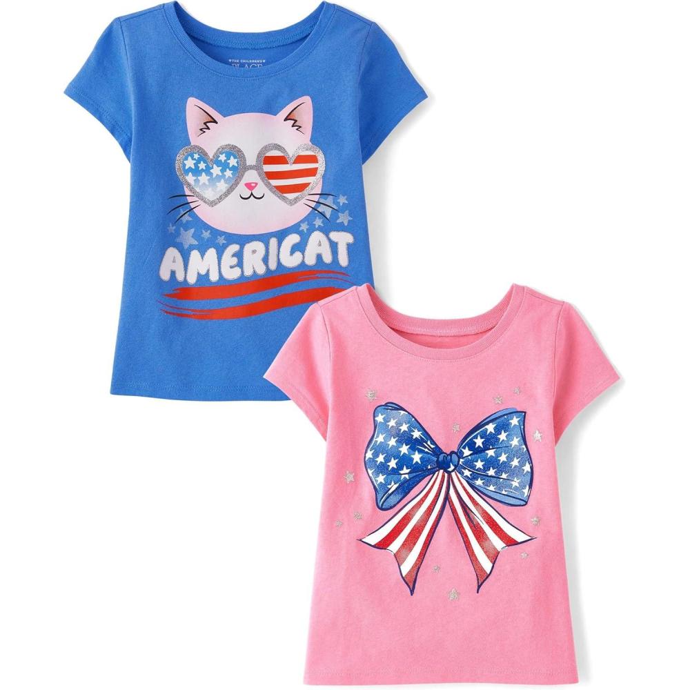 imageThe Childrens Place BabyGirls and Toddler All HolidaysBirthdays Short Sleeve Graphic TShirts2 PackAmericatAmerican Flag Bow