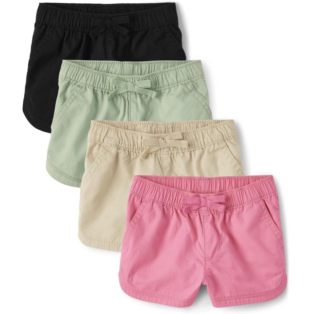 imageThe Childrens Place BabyGirls and Toddler Twill Pull on ShortsPinkStrawGreenBlack 4pack