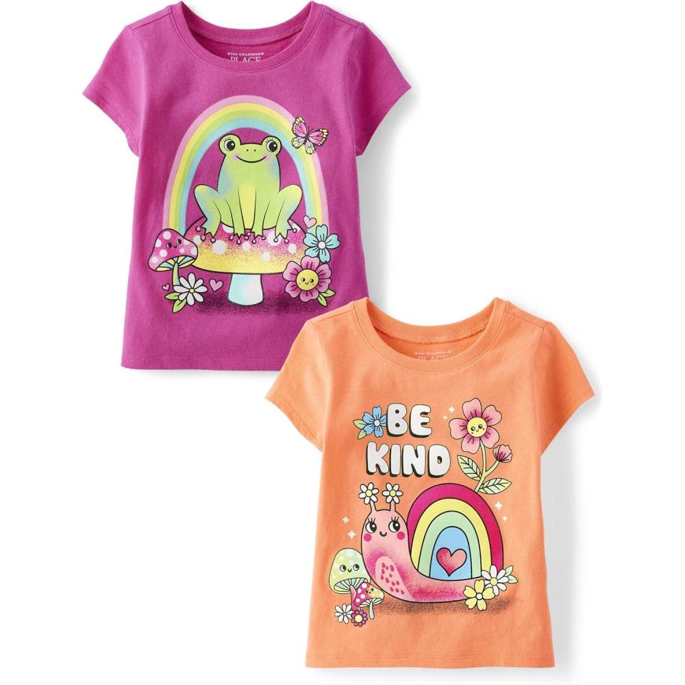 imageThe Childrens Place BabyGirls and Toddler UnicornsButterfliesTrends Short Sleeve Graphic TShirts2 PackBe KindFrog Mushroom