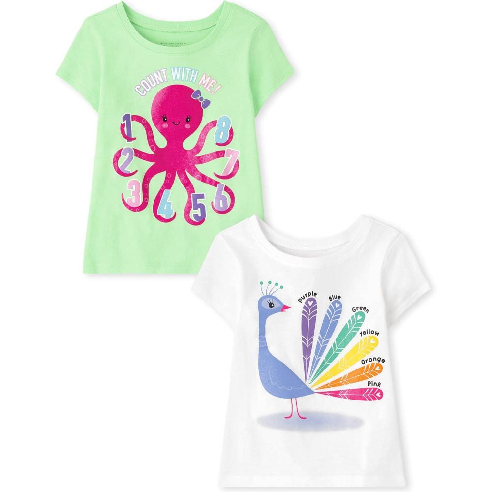 imageThe Childrens Place BabyGirls and Toddler UnicornsButterfliesTrends Short Sleeve Graphic TShirts2 PackPeacock ColorsCount With Me