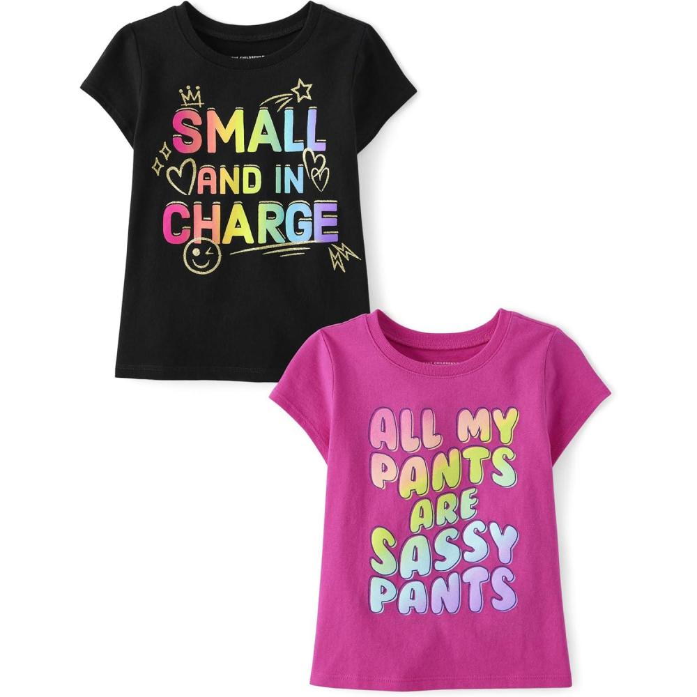 imageThe Childrens Place BabyGirls and Toddler UnicornsButterfliesTrends Short Sleeve Graphic TShirts2 PackSassy Pantsin Charge