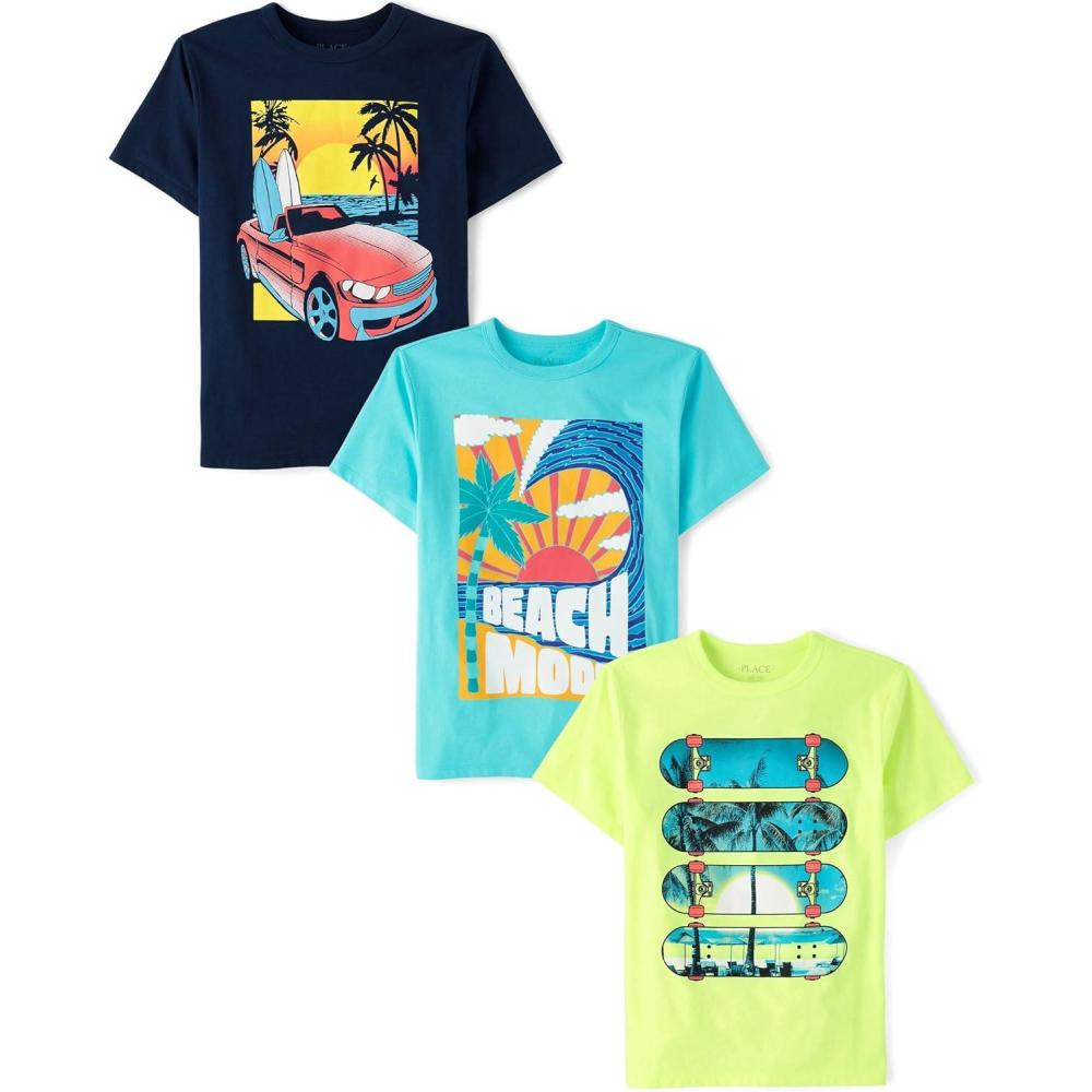 imageThe Childrens Place Boys AnimalsCars Short Sleeve Graphic TShirts3 PackBeach ModeSkateboardCar