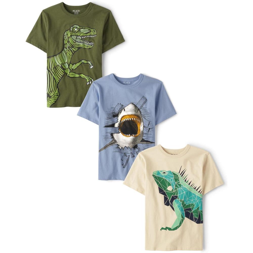imageThe Childrens Place Boys AnimalsCars Short Sleeve Graphic TShirts3 PackDinoChameleonShark