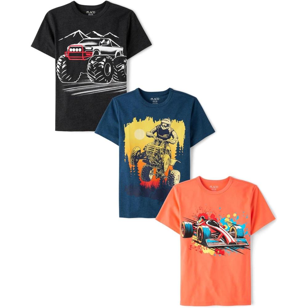 imageThe Childrens Place Boys AnimalsCars Short Sleeve Graphic TShirts3 PackMonster TruckRacecarDirt Biker