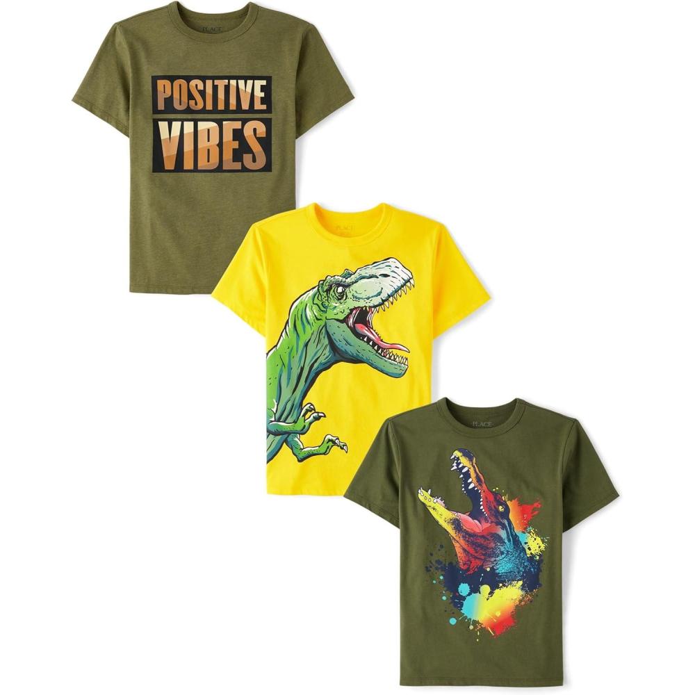 imageThe Childrens Place Boys AnimalsCars Short Sleeve Graphic TShirts3 PackPositive VibesDinoAlligator