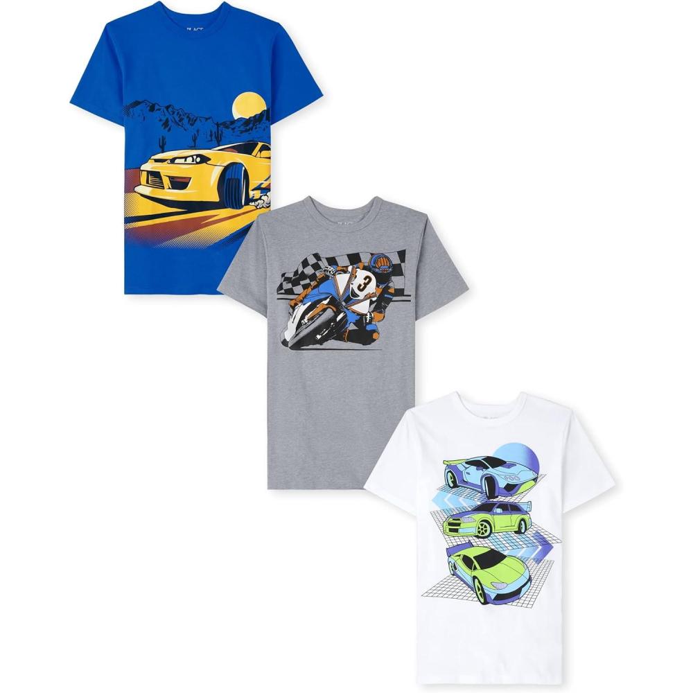 imageThe Childrens Place Boys AnimalsCars Short Sleeve Graphic TShirts3 PackRacecarsRacecarMotorcycle