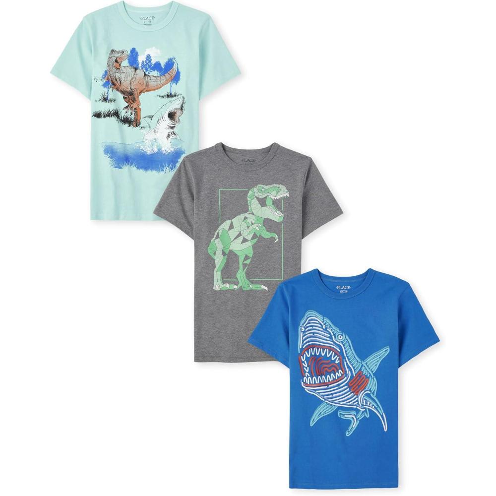 imageThe Childrens Place Boys AnimalsCars Short Sleeve Graphic TShirts3 PackShark Dino 3pack