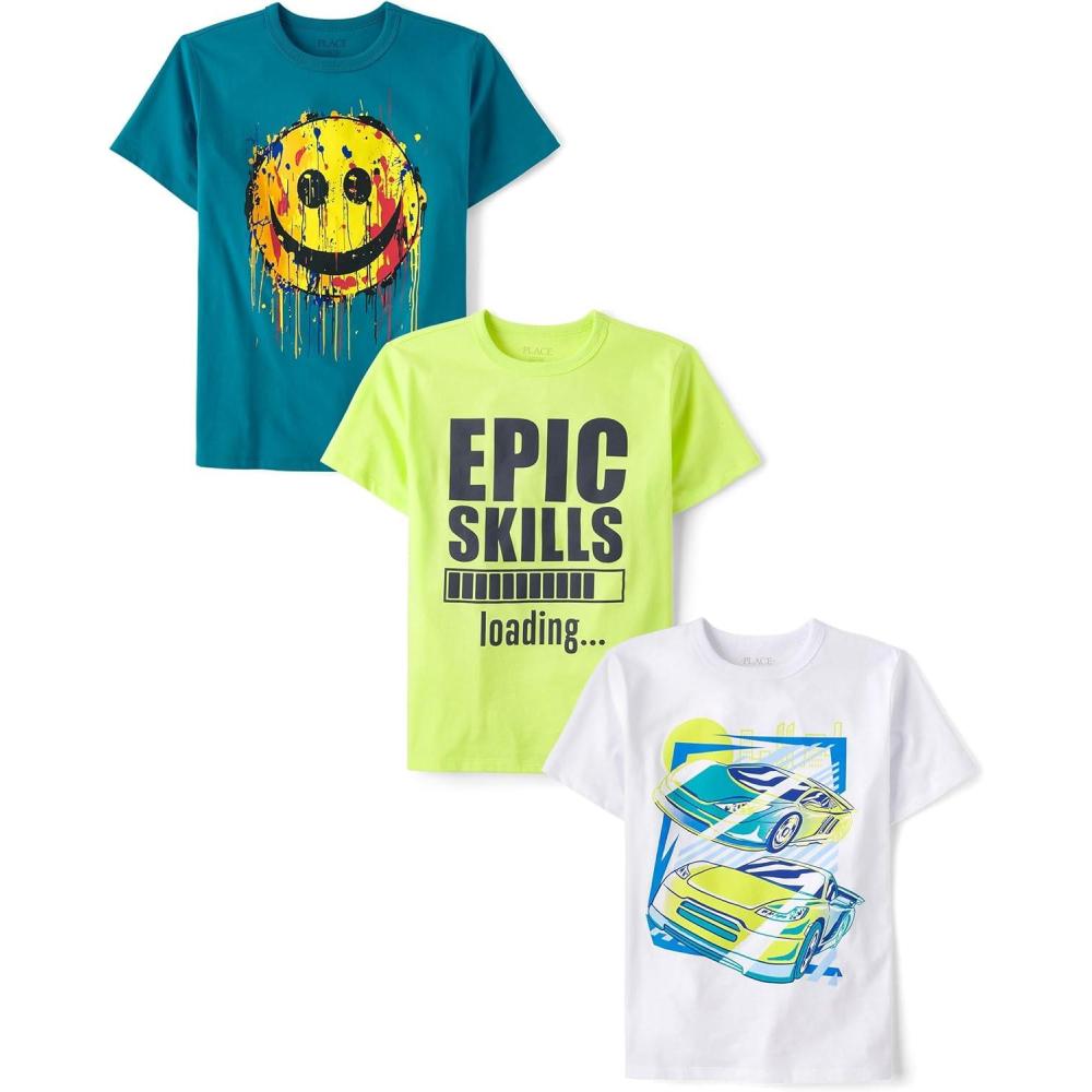 imageThe Childrens Place Boys AnimalsCars Short Sleeve Graphic TShirts3 PackSmileEpic SkillsCars