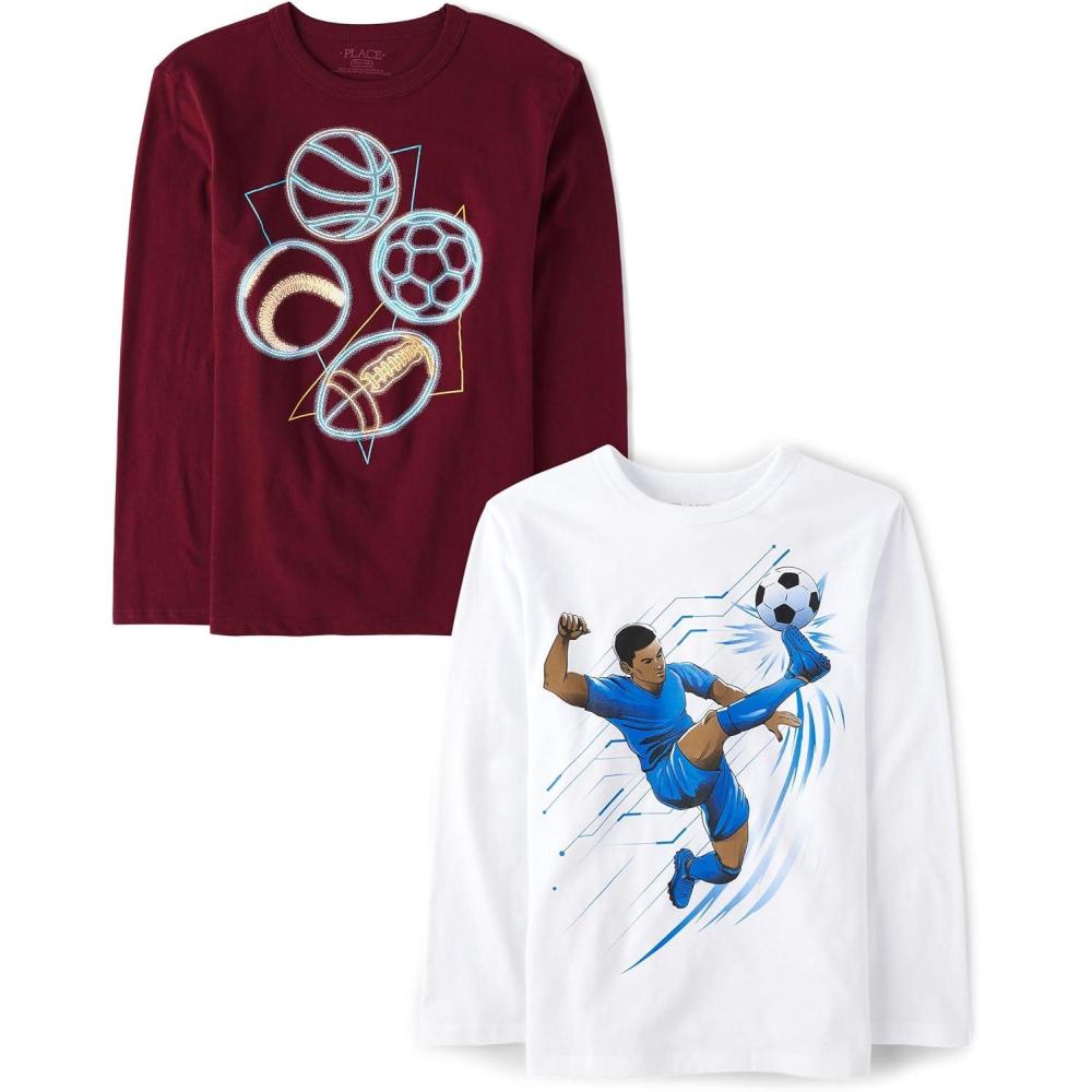imageThe Childrens Place Boys GamerCarsSports Long Sleeve Graphic TShirts2 PackSoccer PlayerSports