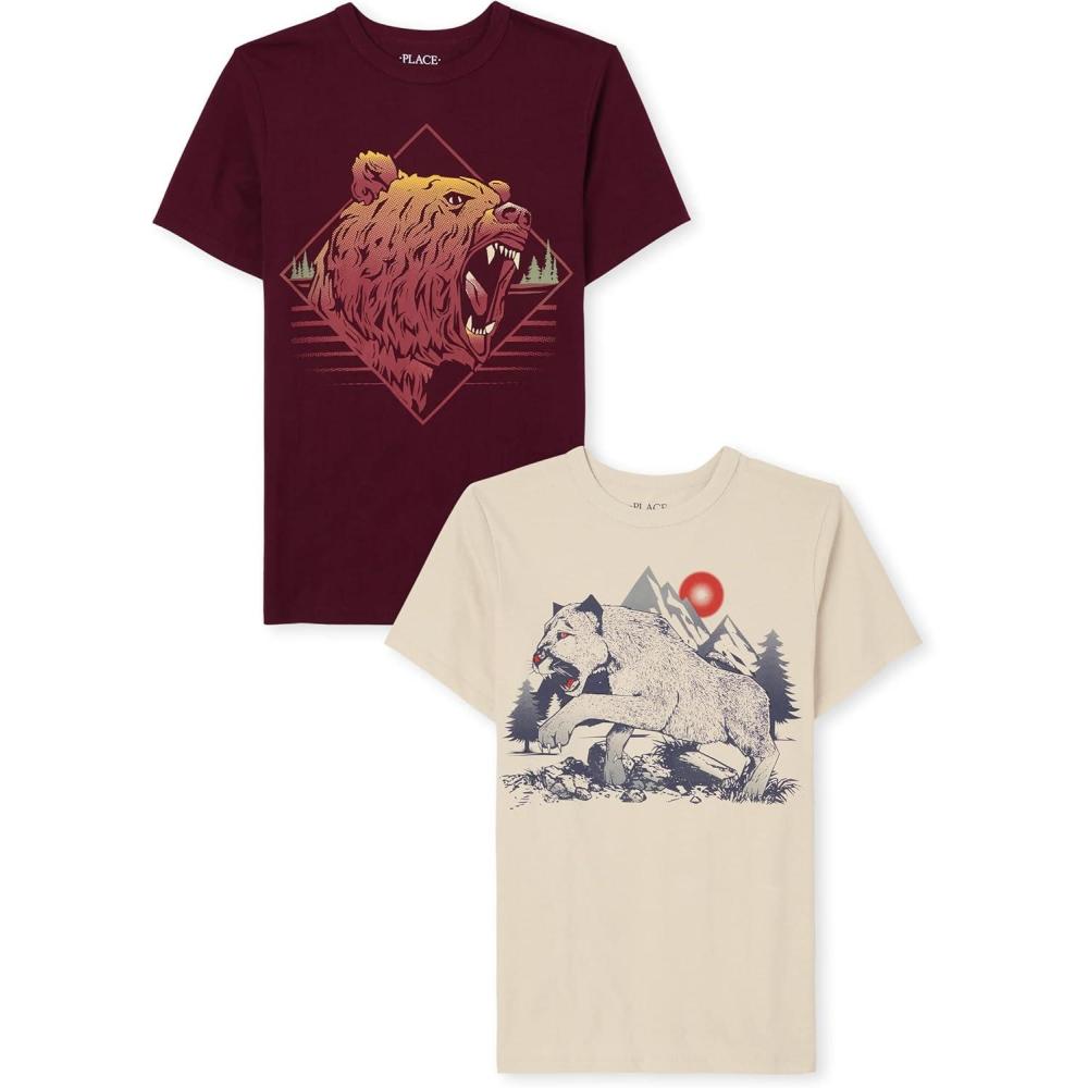 imageThe Childrens Place Boys GamerSportsCars Short Sleeve Graphic TShirts2 PackBearCougar