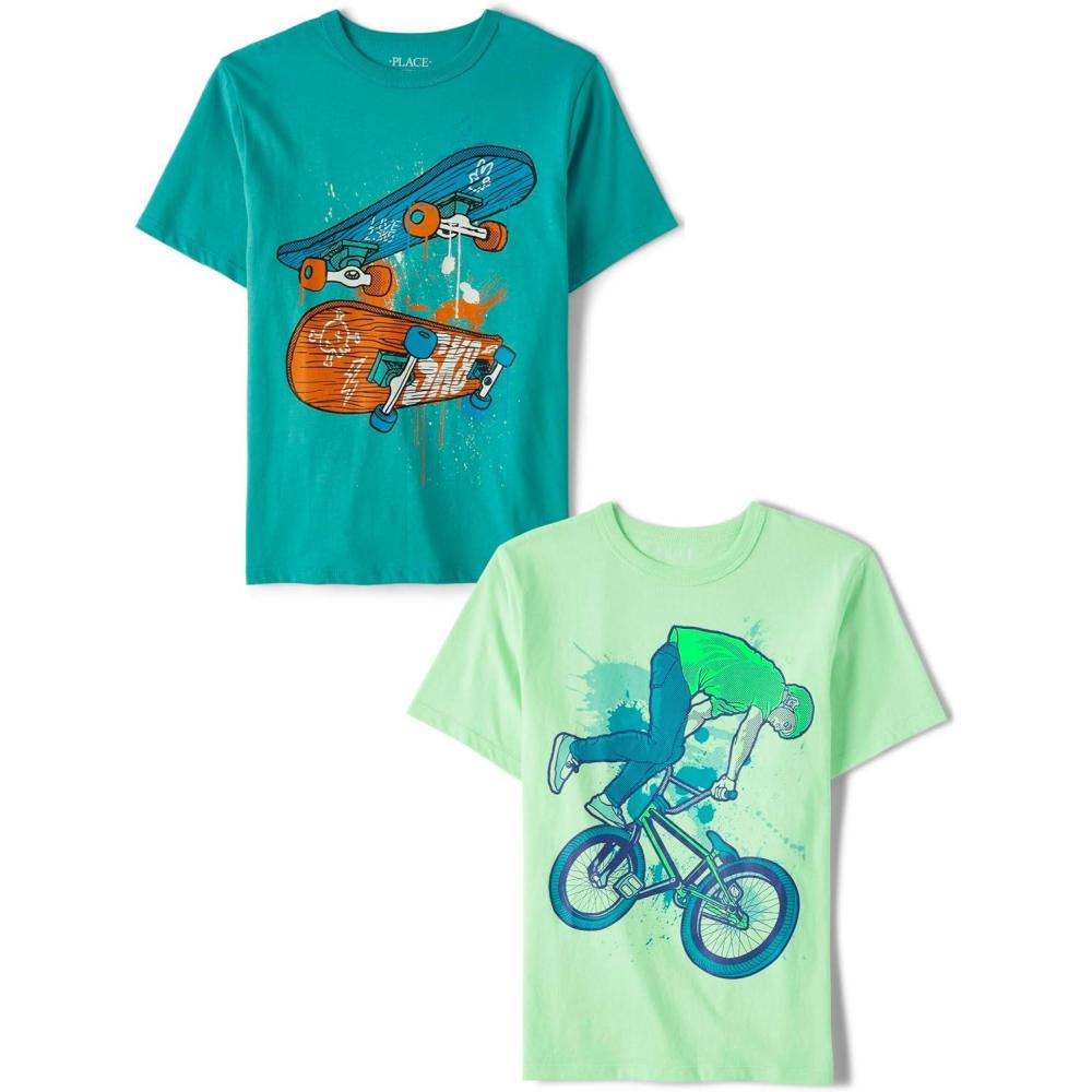 imageThe Childrens Place Boys GamerSportsCars Short Sleeve Graphic TShirts2 PackBikerSkateboard