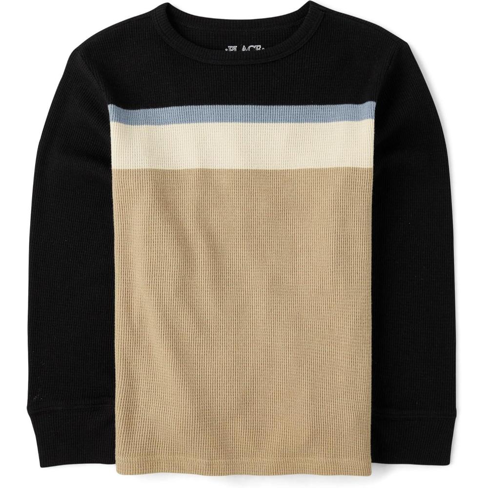 imageThe Childrens Place Boys Long Sleeve Everyday Casual Knit ShirtBlack Stripewaffle