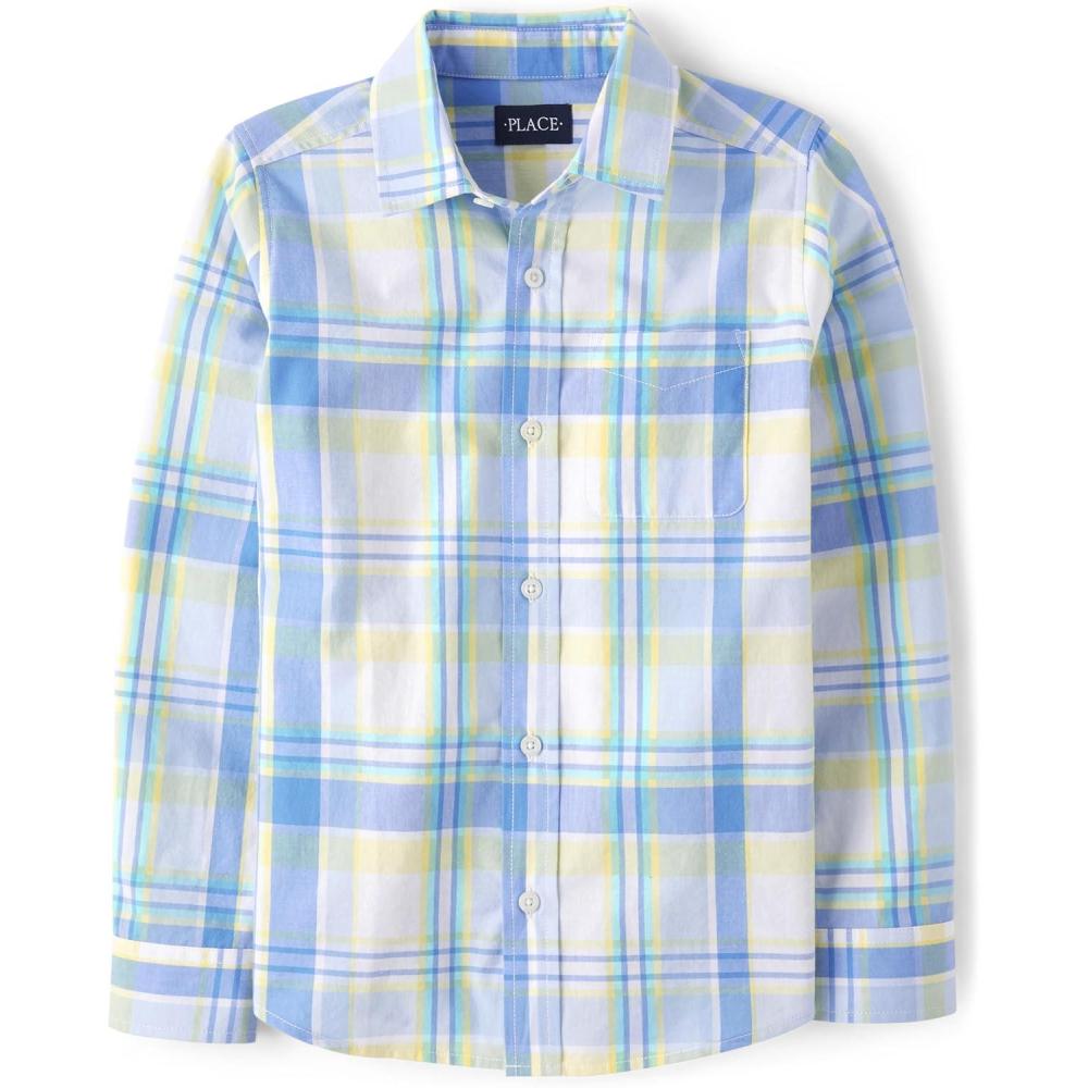 imageThe Childrens Place Boys Long Sleeve Poplin Button Down ShirtButton Down ShirtBlue Yellow Plaid