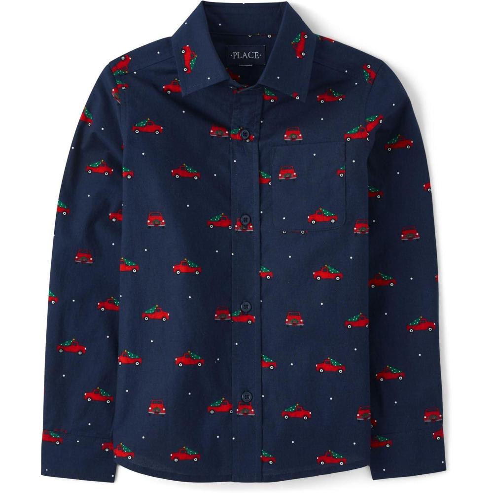 imageThe Childrens Place Boys Long Sleeve Poplin Button Down ShirtButton Down ShirtChristmas Truck Print
