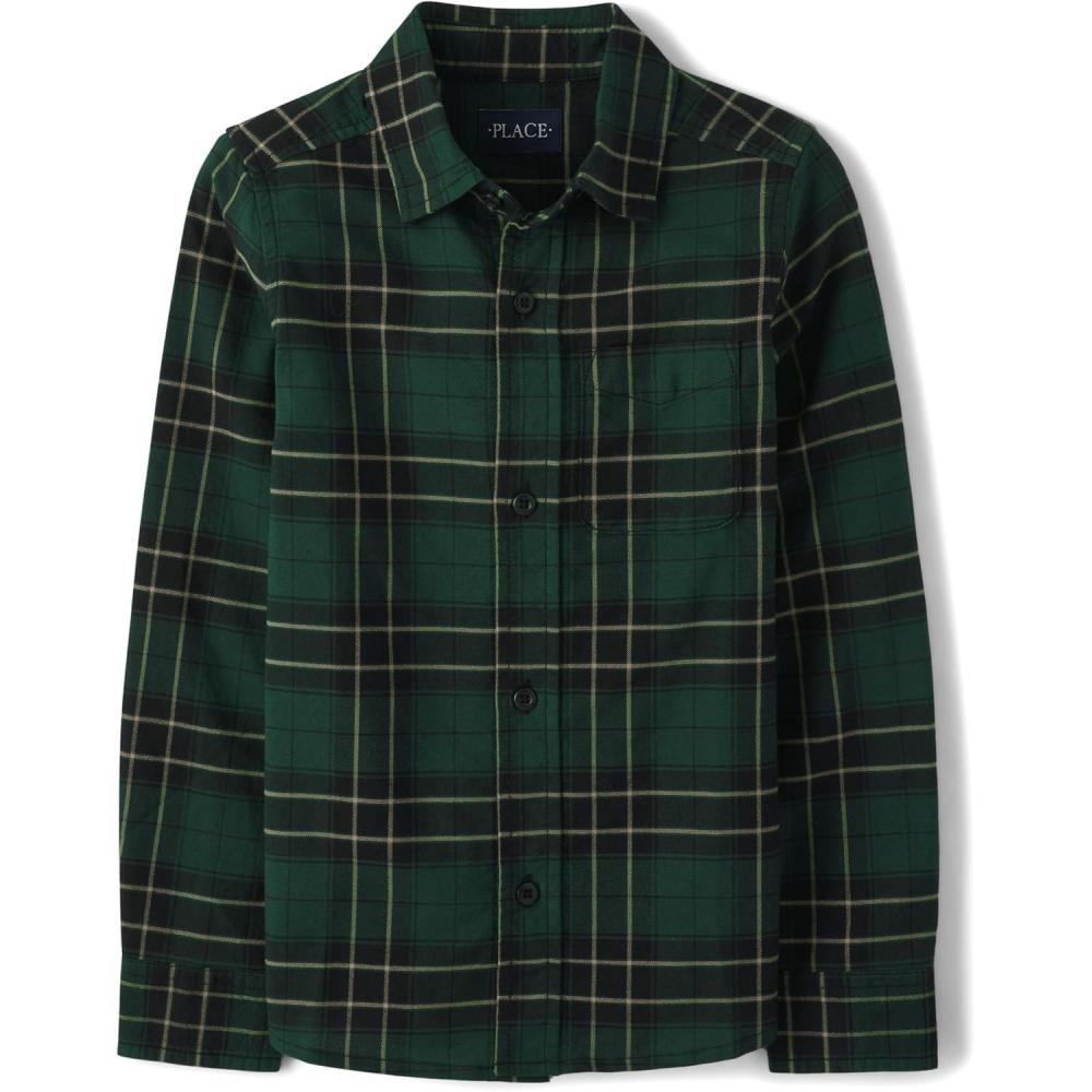 imageThe Childrens Place Boys Long Sleeve Poplin Button Down ShirtButton Down ShirtGreen Pine Plaid